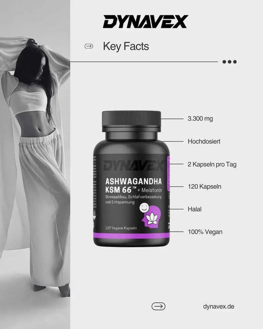 Hochdosierte vegane und Halal Ashwagandha Kapseln von DYNAVEX, 120 Stück, in einer offenen Packung mit Kapseln.