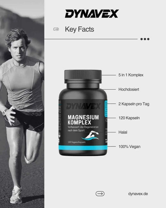 DYNAVEX Magnesium Komplex, hochdosiert in 120 veganen und halal Kapseln, zeigt die Verpackung mit Kapseln auf weißem Hintergrund