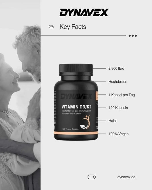 Hochdosierte Vitamin D3 und K2 Kapseln von DYNAVEX, vegane und halal, in einer weißen Dose mit 120 Kapseln.