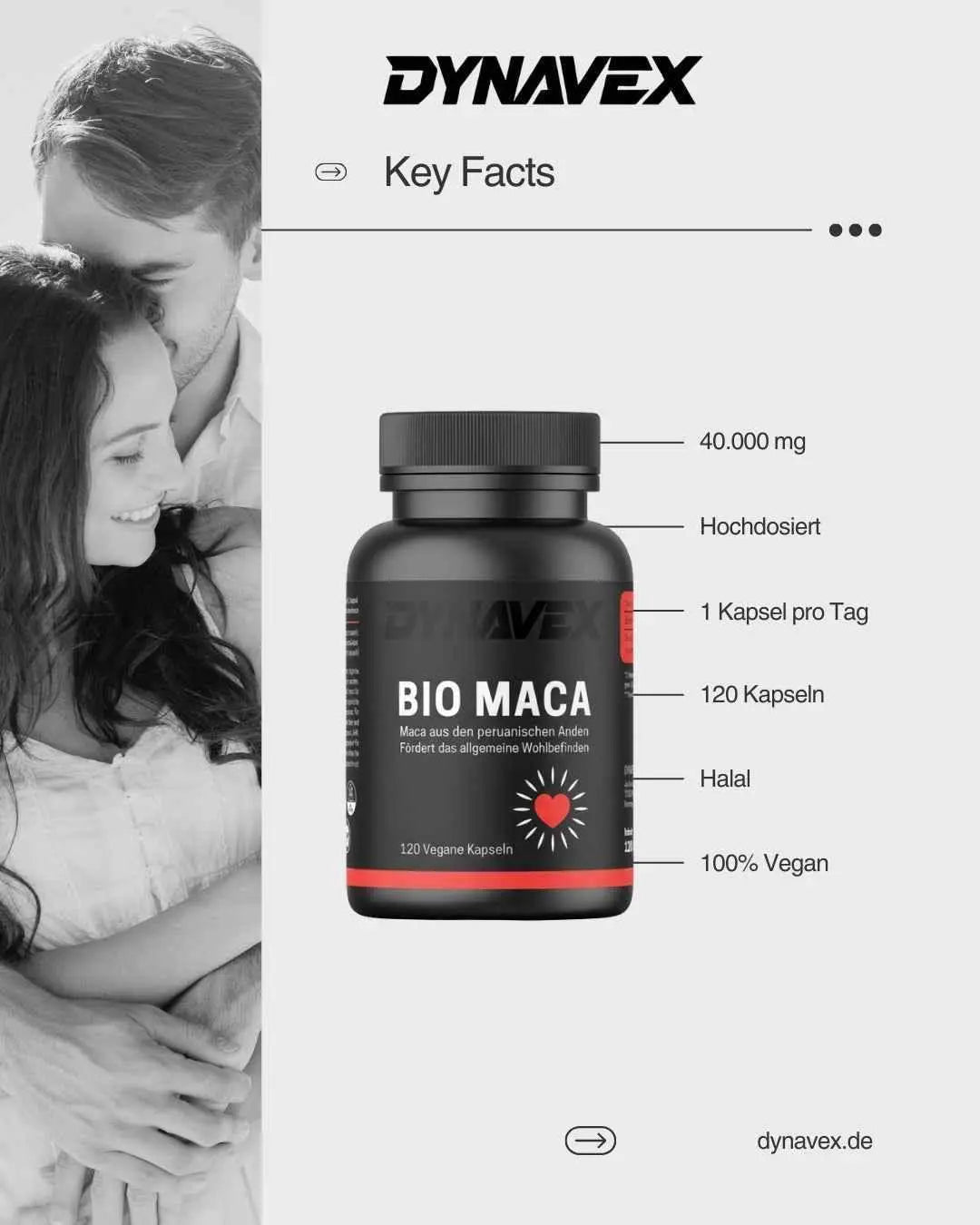 Hochdosierte Maca Kapseln von DYNAVEX, vegane und halal, 120 Kapseln, Nahaufnahme der braunen Kapseln in einer Verpackung