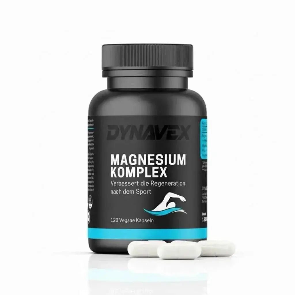 Hochdosierter Magnesium Komplex von DYNAVEX in 120 veganen und halal Kapseln, zeigt die Verpackung mit Produktbezeichnung.
