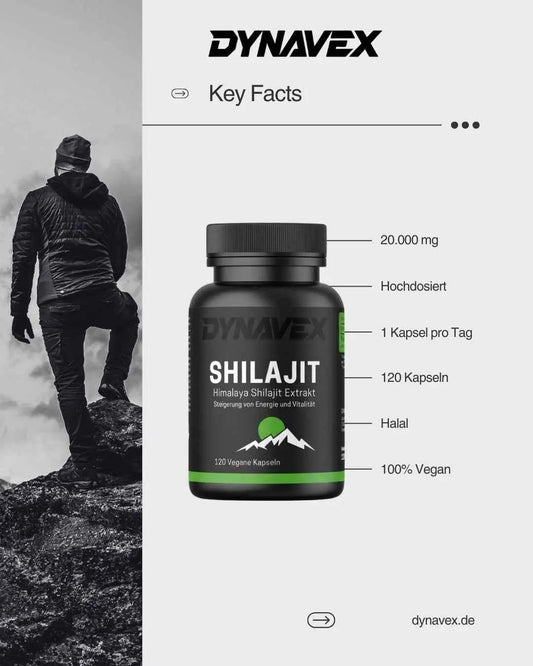 Hochdosierte vegane und halal Shilajit Kapseln von DYNAVEX, 120 Stück, in einer geöffneten Verpackung.