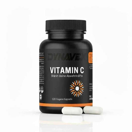 Hochdosierte Vitamin C Kapseln von DYNAVEX, vegan und halal, in einer Packung mit 120 Kapseln.