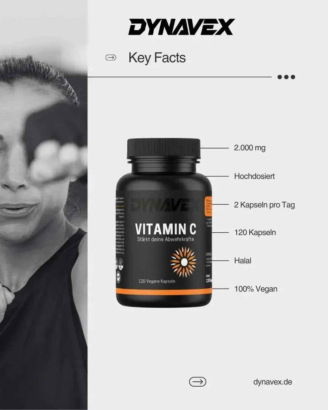 Hochdosierte Vitamin C Kapseln von DYNAVEX, vegan und halal, in einer weißen Packung mit 120 Kapseln.