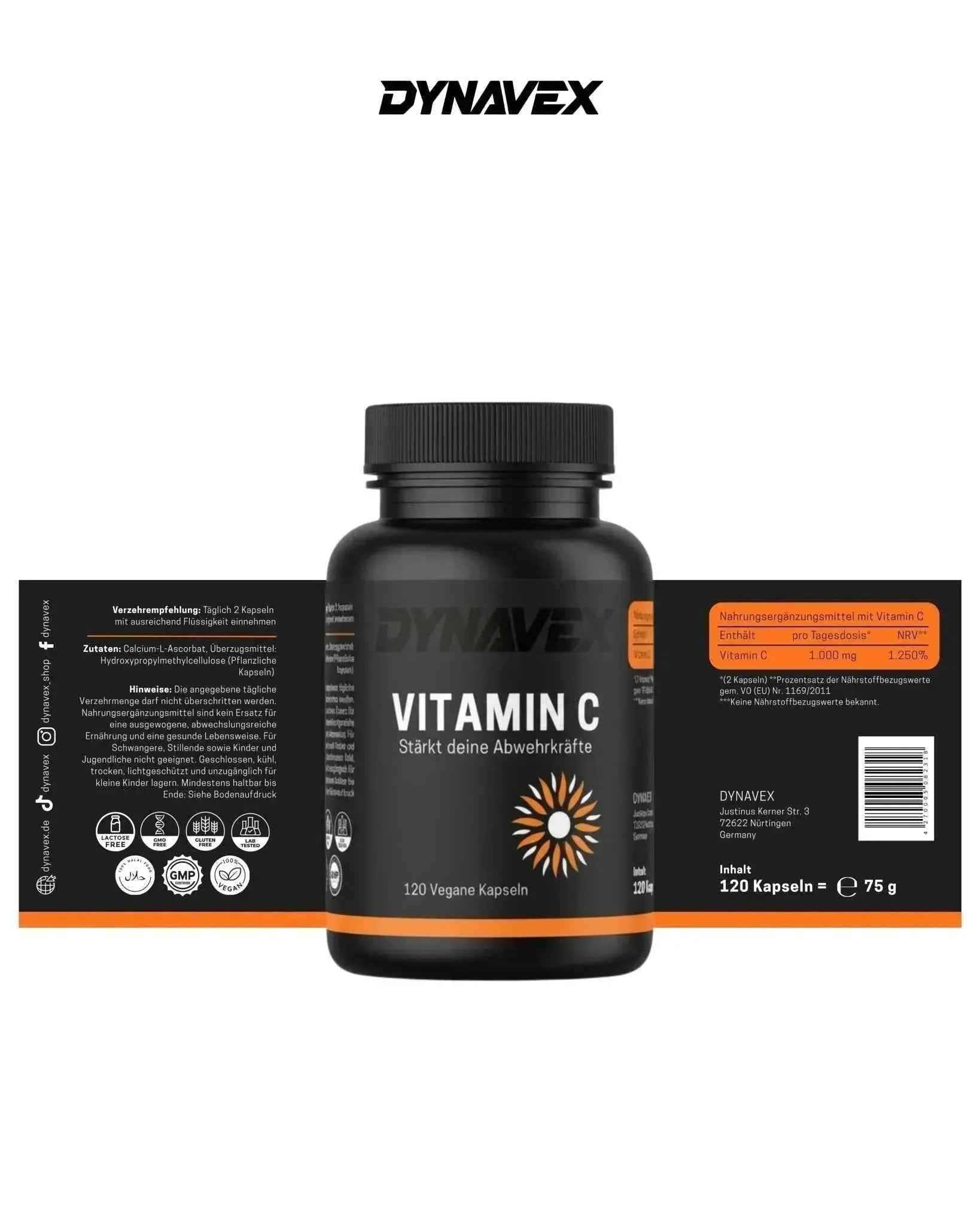 DYNAVEX hochdosierte Vitamin C Kapseln, vegan und halal, 120 Stück, in einer weißen Packung.