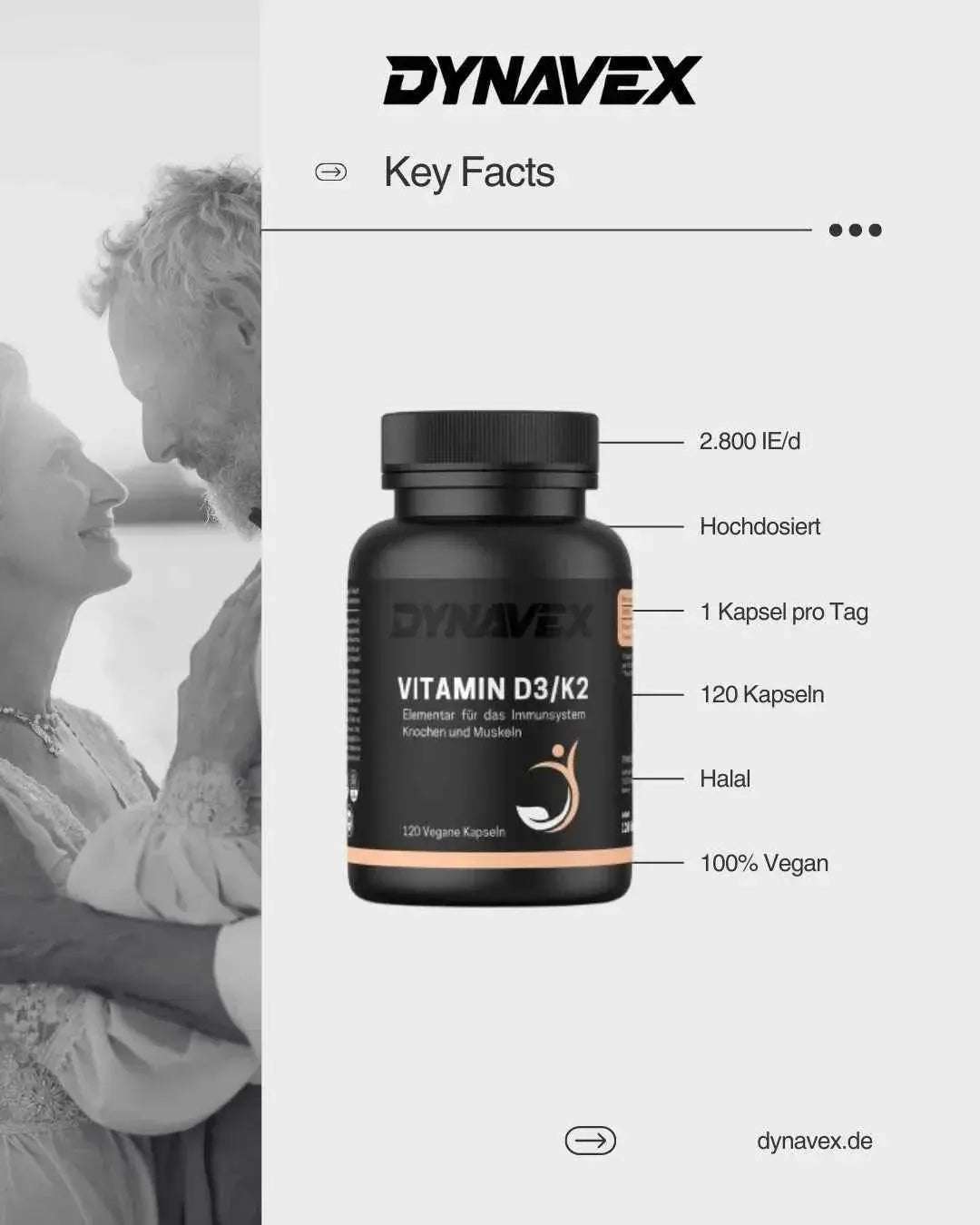 Hochdosierte Vitamin D3 und K2 Kapseln von DYNAVEX, vegane und halal, in einer weißen Dose mit 120 Kapseln.