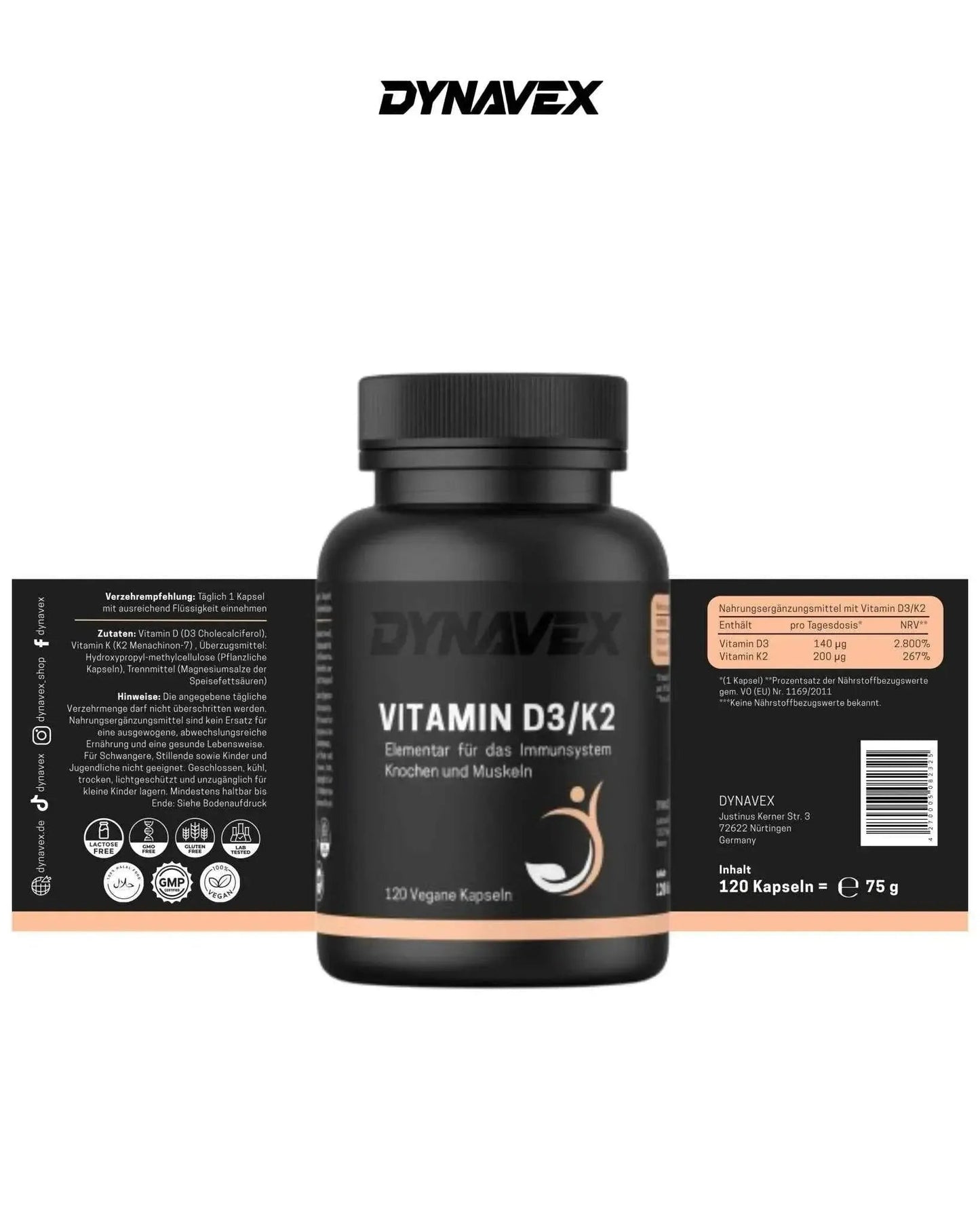 VITAMIN D3/K2 Hochdosierte vegane und Halal Vitamin Kapseln von DYNAVEX, 120 Stück, in einer braunen Flasche.